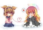  blonde_hair bow brown_eyes brown_hair chibi cup dress earmuffs english gradient_hair heart heart_of_string hijiri_byakuren kujou_mikuru long_hair multicolored_hair multiple_girls red_eyes red_string reverse_translation short_hair skirt spoken_heart string string_phone touhou toyosatomimi_no_miko translated 