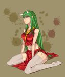  1girl blood breasts frown green_hair highres horns japanese_clothes long_hair looking_at_viewer mounyuutou navel original pointy_ears red_eyes sitting solo thighhighs very_long_hair white_legwear 