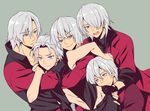  5boys blue_eyes brothers capcom dante devil_may_cry devil_may_cry_2 devil_may_cry_3 devil_may_cry_4 fingerless_gloves frown gloves hair_over_one_eye karukanko male male_focus multiple_boys multiple_persona navel open_mouth short_hair siblings silver_hair smile sweatdrop trench_coat trenchcoat undressing vergil yaoi 