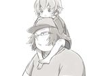  1girl amane_suzuha bad_id bad_pixiv_id barefoot carrying child father_and_daughter glasses hashida_itaru hat monochrome monokuro_(snog) short_hair shoulder_carry spoilers steins;gate younger 