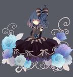  bad_id bad_pixiv_id bare_shoulders blue_hair bow dress elbow_gloves flower frown gloves hair_bow mmco original red_eyes ribbon rose side_ponytail solo stuffed_animal stuffed_bunny stuffed_toy 
