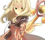  blonde_hair cropped_jacket dress elize_lutus green_eyes jewelry long_hair no_nose pendant purple_dress semijima_(ftm513) solo tales_of_(series) tales_of_xillia wand white_background 