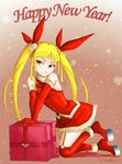  bare_shoulders blazblue blonde_hair bow christmas elbow_gloves fur_trim gift gloves hair_bobbles hair_bow hair_ornament halterneck happy_new_year heel-less_platform_footwear kneehighs kneeling lis_van_piece long_hair nago new_year platform_footwear rachel_alucard red_bow red_eyes red_gloves santa_costume shoes solo twintails 