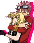 black_eyes blonde_hair breasts fairy_tail gloves goggles lowres lucy_ashley natsu_dragion pink_hair pixiv_thumbnail 