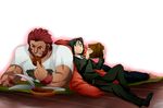  book casual couch fate/zero fate_(series) green_eyes green_hair multiple_boys pillow reading red_eyes red_hair rider_(fate/zero) shirt t-shirt urako waver_velvet 