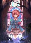  blush buttons chireiden curtains eyeball hairband heart isegawa_yasutaka komeiji_satori light_particles open_mouth pink_eyes pink_hair plant roots ruins short_hair skirt sleeves_past_wrists solo stained_glass sunlight third_eye touhou tree wading water window 