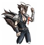  animal_ears antenna_hair armband bandages blazblue breasts brown_eyes brown_hair cleavage cleavage_cutout cosplay hokuto_no_ken kenshirou large_breasts lynx_kano makoto_nanaya muscle pants parody pauldrons solo squirrel_ears squirrel_tail tail vambraces 