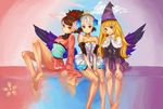  3girls anonymous_drawfag_(artist) artist_request bare_shoulders barefoot blonde_hair blue_eyes brown_hair check_artist choker company_connection crossover crown dress grimgrimoire gwendolyn_(odin_sphere) hair_up hat highres imageboard_desourced japanese_clothes kimono lillet_blan long_hair momohime multiple_crossover multiple_girls oboro_muramasa odin_sphere purple_eyes short_hair short_kimono skirt strapless strapless_dress updo white_hair wings witch wizard_hat 