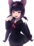  1girl animal_ears bangs bat_ears bat_girl bat_wings black_hair commentary_request common_vampire_bat_(kemono_friends) cowboy_shot fangs frilled_skirt frills hand_to_own_mouth head_wings headdress kemono_friends long_sleeves looking_at_viewer meth_(emethmeth) neckerchief open_mouth pantyhose pleated_skirt purple_hair sailor_collar short_hair simple_background skirt solo white_background wings 
