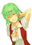  ascot blush green_hair hand_in_hair kazami_yuuka one_eye_closed red_eyes shirt simple_background smile solo touhou upper_body vest yuuji_(and) 