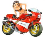  absurdres bare_shoulders bikini black_bikini breasts cleavage ducati earrings engine exhaust fingerless_gloves gloves goggles goggles_on_head ground_vehicle hand_on_hip high_heels highres isomoto_tsuyoshi jewelry leaning_forward looking_at_viewer medium_breasts motor_vehicle motorcycle original shoes simple_background smile solo swimsuit white_background 