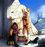  animal_ears animal_hood barbariank blazblue blonde_hair blue_panties braid breasts cat_ears cat_hood cat_paws cat_tail commentary dark_skin heel-less_platform_footwear highres hood long_hair medium_breasts multiple_girls no_bra no_pants orange_hair panties paws platform_footwear red_eyes red_panties ruins sharp_teeth shoes slit_pupils socks suspenders tail taokaka teeth torakaka twin_braids twintails underwear 