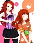  :&gt; :q :x alternate_hairstyle black_legwear blush_stickers bow closed_eyes hair_bow hair_brush hair_brushing heart idolmaster idolmaster_(classic) long_hair md5_mismatch minase_iori multiple_girls musical_note nira_(vira) orange_hair red_eyes red_hair sitting standing takatsuki_yayoi thighhighs tongue tongue_out v_arms zettai_ryouiki 