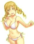  :d aura bad_id bad_pixiv_id bikini blonde_hair breasts cleavage covered_nipples drill_hair large_breasts mahou_shoujo_madoka_magica navel open_mouth side-tie_bikini simple_background smile solo swimsuit tomoe_mami twin_drills twintails underboob white_background wide_hips yellow_eyes yuuji_(and) 