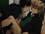  2boys anal black_hair blonde_hair blush chalkboard class_room classroom clothes_on cum cum_in_ass cum_inside desk gakuran green_eyes green_shirts lying multiple_boys night on_back on_desk open_mouth penis school school_uniform sex student window yaoi 