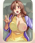  against_glass areolae blush breast_press breast_slip breasts breasts_on_glass brown_eyes brown_hair cleavage covered_nipples curvy interlude large_areolae large_breasts long_hair marufuji_izumi nipples one_breast_out open_mouth tank_top tsuda_nanafushi 