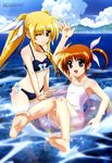  absurdres afloat arm_up barefoot bikini blonde_hair brown_hair cloud day fate_testarossa feet hashimoto_takayoshi highres innertube legs long_hair lyrical_nanoha mahou_shoujo_lyrical_nanoha mahou_shoujo_lyrical_nanoha_a's mahou_shoujo_lyrical_nanoha_the_movie_2nd_a's megami multiple_girls non-web_source ocean official_art one-piece_swimsuit one_eye_closed open_mouth outdoors purple_eyes red_eyes scan short_twintails sky smile soles swimsuit takamachi_nanoha twintails very_long_hair wading water white_swimsuit 