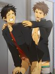 2boys anal black_eyes black_hair brown_eyes brown_hair clothes_on erection gakuran male male_focus mouth multiple_boys open open_clothes outdoors pants_down penis red_shirt resfrio school school_uniform sex shirt standing student uncensored yaoi 