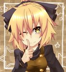  bad_id bad_pixiv_id blonde_hair bow hair_bow hati105 kurodani_yamame one_eye_closed pointing ponytail short_hair smile solo touhou yellow_eyes 