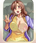  against_glass areolae blush breast_press breast_slip breasts breasts_on_glass brown_eyes brown_hair cleavage covered_nipples curvy interlude lactation large_areolae large_breasts long_hair marufuji_izumi nipples one_breast_out open_mouth tank_top tsuda_nanafushi 