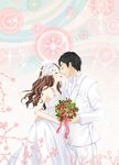  1girl bouquet dress flower hair_ornament highres original tsukiya_(joan) wedding_dress 