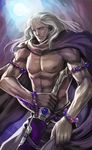  abs absurdres areolae bracelet cape final_fantasy final_fantasy_iv final_fantasy_iv_the_after full_moon golbeza highres jewelry lips long_hair male_focus moon moreshan nipples purple_eyes shirtless solo sword weapon white_hair 