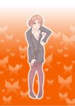  bra breasts brown_eyes brown_hair check_(check_book) cleavage formal hand_on_hip high_heels highres jacket leaning_forward lingerie natsuki_rin one_eye_closed open_mouth orange_background pantyhose pencil_skirt precure red_hair red_legwear shoes short_hair skirt skirt_suit small_breasts striped suit underwear yes!_precure_5 