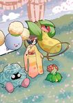  1girl bellossom cherry_blossoms commentary_request erika_(pokemon) fangs flower hairband jumpluff leaf one_eye_closed plant pokemon pokemon_(creature) pokemon_hgss red_eyes roah tangela tongue victreebel vines 