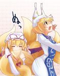  =_= closed_eyes gap multiple_girls nijou_katame surprised tail tail_hug touhou yakumo_ran yakumo_yukari 