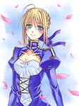  ahoge artoria_pendragon_(all) bad_id bad_pixiv_id blonde_hair blush cleavage_cutout dress fate/stay_night fate_(series) green_eyes hair_ribbon kotori124589 petals ribbon saber solo 