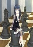  barefoot black_hair blue_eyes board_game checkerboard checkered chess chess_piece highres horse king king_(chess) knight knight_(chess) long_hair original rook rook_(chess) solo 