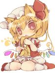  animal_ears bad_id bad_pixiv_id blonde_hair cat_ears chibi flandre_scarlet hat kemonomimi_mode long_hair masirosu open_mouth paw_print red_eyes sitting solo touhou wariza wings 