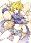  alternate_costume animal_ears bare_shoulders blonde_hair breasts collar colored_pencil_(medium) covered_nipples fox_ears fox_tail gloves medium_breasts midriff mtmy multiple_tails navel no_hat no_headwear shorts solo tail touhou traditional_media yakumo_ran yellow_eyes 