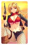  bikini blonde_hair breasts cleavage colt_saa cropped_jacket cutoffs denim denim_shorts ellen_aice fingerless_gloves fishnet_pantyhose fishnets fringe_trim from_below front-tie_top gloves gun hair_ornament hand_on_hip handgun himukai_kyousuke large_breasts long_hair looking_at_viewer lowres midriff muvluv muvluv_alternative muvluv_alternative_chronicles muvluv_alternative_chronicles_03 navel official_art open_fly pantyhose purple_eyes revolver sample scarf short_shorts shorts solo swimsuit trigger_discipline underboob unzipped weapon 