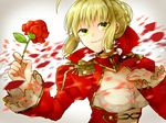  ahoge bad_id bad_pixiv_id blonde_hair breasts cleavage dress epaulettes fate/extra fate_(series) flower green_eyes hair_ribbon ichinose777 large_breasts nero_claudius_(fate) nero_claudius_(fate)_(all) petals ribbon rose solo 