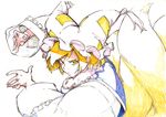  blonde_hair colored_pencil_(medium) fighting_stance fox_tail hat mtmy multiple_tails short_hair solo tail touhou traditional_media upper_body yakumo_ran yellow_eyes 