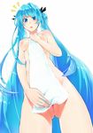  aqua_eyes aqua_hair bad_id bad_pixiv_id blush breasts covering from_below hand_on_own_chest hatsune_miku long_hair nipples nude_cover open_mouth pussy simple_background small_breasts solo tani_(aki2672) towel twintails very_long_hair vocaloid white_background white_towel 