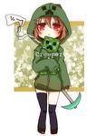  :&lt; asymmetrical_legwear brown_hair character_name creeparka creeper holding hood hoodie kneehighs kodatino minecraft personification pickaxe red_eyes single_kneehigh single_thighhigh thighhighs 