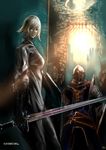  1girl absurdres armor bad_id bad_pixiv_id blonde_hair dark_souls highres knight knight_of_astora_oscar kuroki_kazuaki shield souls_(from_software) sword weapon 