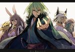  2girls animal_ears bad_id bad_pixiv_id blonde_hair breasts bunny_ears cape ebira fur_trim green_eyes green_hair letterboxed long_hair medium_breasts monster multiple_boys multiple_girls old outstretched_hand pixiv_fantasia pixiv_fantasia_5 short_hair sword turban upper_body weapon yellow_eyes 