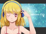  bad_id bad_pixiv_id bare_shoulders blonde_hair english hand_on_headphones headphones heart heart-shaped_pupils lips listening_to_music musical_note one_eye_closed original raised_eyebrow red_eyes sachiroyu solo strap symbol-shaped_pupils text_focus upper_body 