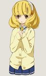  bad_id bad_pixiv_id blonde_hair cardigan eyelashes grey_background hairband hands_on_own_chest kise_yayoi kurage nanairogaoka_middle_school_uniform no_legs open_mouth precure school_uniform short_hair skirt smile_precure! solo sweater white_hairband yellow_eyes 