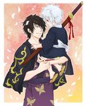  age_difference black_hair carrying child eye_contact eyepatch gintama japanese_clothes kiseru looking_at_another male_focus multiple_boys pipe red_eyes sakata_gintoki sandals shinzui_(fantasysky7) size_difference smile sword takasugi_shinsuke time_paradox weapon white_hair yellow_eyes 