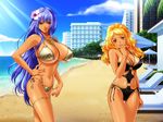  beach bikini blonde_hair blue_hair long_hair red_eyes suntan swimsuit yellow_eyes 