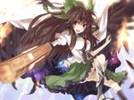  arm_cannon arm_up asuka_(louyun) bad_id bad_pixiv_id black_legwear black_wings bow brown_eyes brown_hair cape hair_bow kneehighs leg_up long_hair open_mouth reiuji_utsuho shirt shoes single_shoe skirt smile solo space third_eye touhou weapon wings 