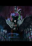  absurdres arm_cannon black_hair black_wings bow cape dress hair_bow highres ho6clu red_eyes reiuji_utsuho solo stained_glass touhou weapon wings 