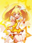  :d bike_shorts blonde_hair boots bow brown_choker brown_shorts chiyo_(rotsurechiriha) choker cure_peace eyelashes hair_flaps kise_yayoi magical_girl open_mouth ponytail precure shorts shorts_under_skirt skirt smile smile_precure! solo star v yellow yellow_background yellow_bow yellow_eyes yellow_skirt 