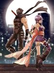  1girl anoringo ayane_(doa) bad_id bad_pixiv_id brown_eyes city dead_or_alive face_mask full_moon gauntlets headband kunai leg_warmers mask moon ninja_gaiden purple_hair ryu_hayabusa scarf skirt sword weapon 