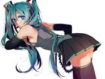  aqua_hair ateka bare_shoulders bent_over blue_eyes boots detached_sleeves hair_ribbon hatsune_miku headset long_hair looking_back ribbon skirt solo thigh_boots thighhighs twintails very_long_hair vocaloid zettai_ryouiki 