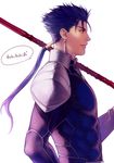  bad_id bad_pixiv_id blue_hair fate/hollow_ataraxia fate_(series) gae_bolg lancer long_hair male_focus neopara pauldrons polearm ponytail profile red_eyes solo spear weapon white_background 